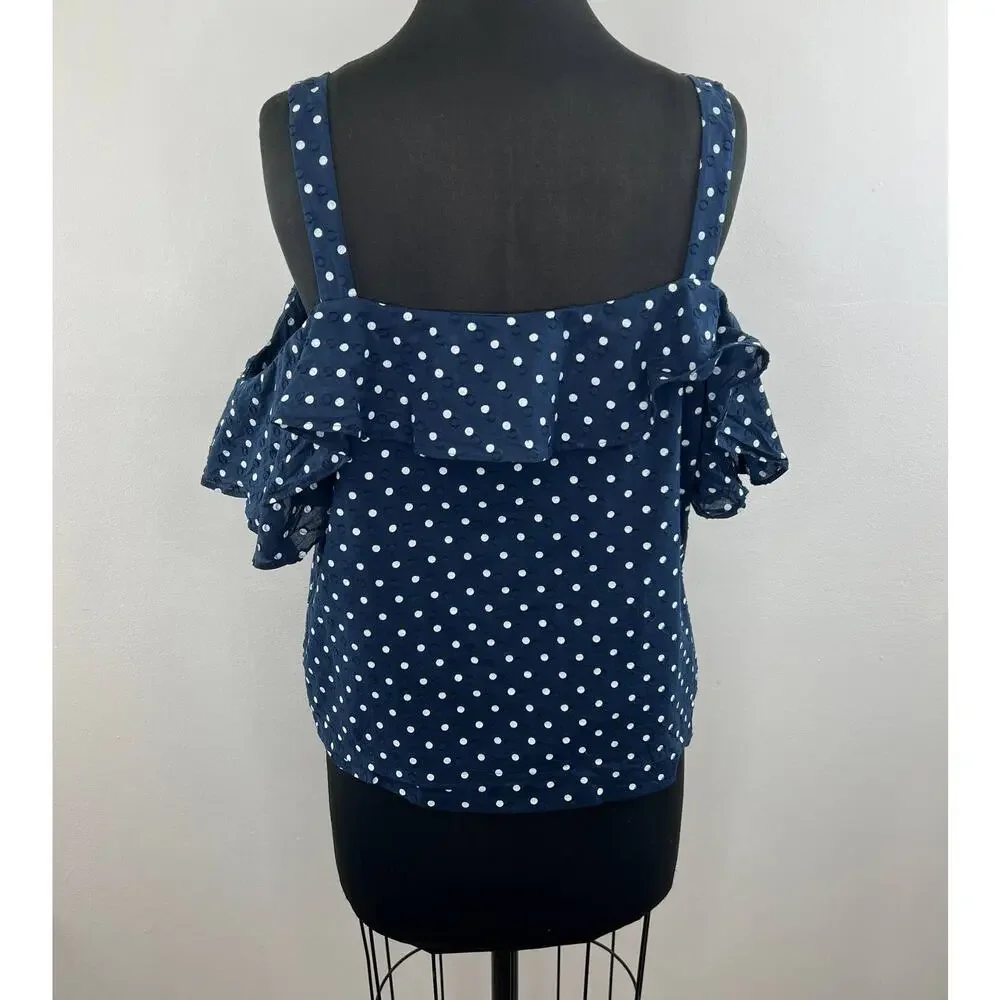 J. Crew Navy Polka-Dot Cotton Square Neck Flounce Cold Shoulder Blouse Size 14